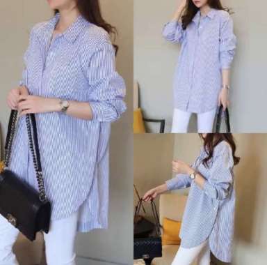 Tunik salur/kemeja panjang salur/tunik salur biru - Tunik Siska
