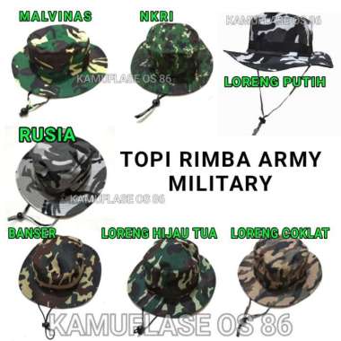 Topi rimba army Polos loreng Gurun polair. hijau krem dll. Loreng Putih