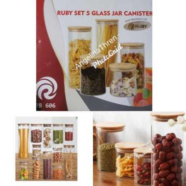 SET 5 PCS Toples Kue Kaca Premium + Tutup Kayu ASLI - Toples Hampers