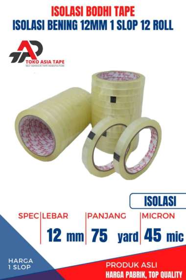 ISOLASI / SELOTIP BENING BODHI TAPE 12MM X 75YARD 1 SLOP 12 ROLL BENING