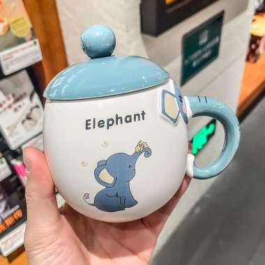 Cangkir Minum Model Gajah / Mug Keramik Berkualitas + Sendok Karakter Elephant