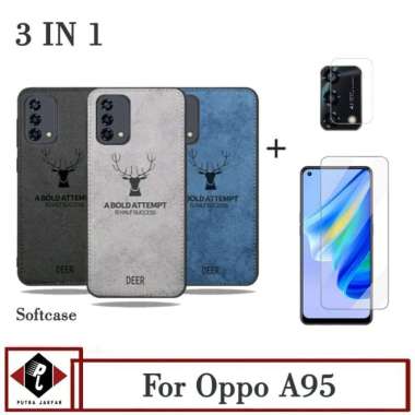 Paket 3in1 Case Deer Oppo A95 Tempered Glass Layar Bonus Camera Biru - Oppo A95