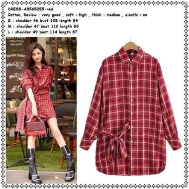AB565255 Mini Dress Kemeja Kotak Merah Panjang Korea Tunik Jumbo