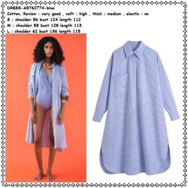 AB762774 Mini Midi Dress Kemeja Biru Garis Panjang Wanita Import Tunik