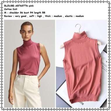 AB763776 Baju Atasan Rajut Tank Top Turtle Neck Pink Wanita Korea