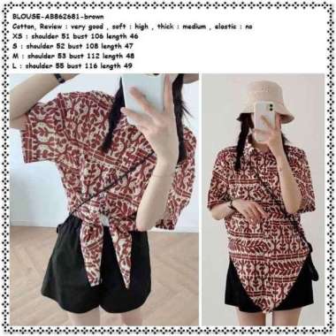 AB862681 Kemeja Lengan Pendek Retro Blouse Ikat Wanita Korea Import