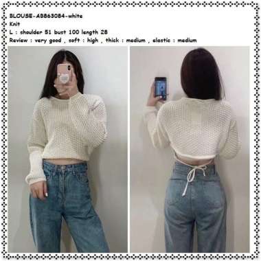 AB863084 Baju Atasan Wanita Sweater Blouse Rajut Korea Import Putih