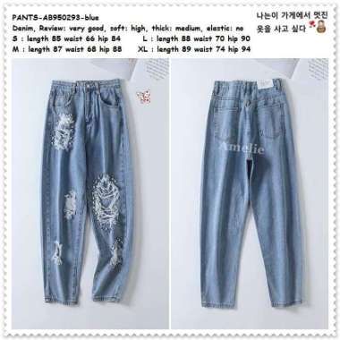 AB950293 Celana Denim Boyfriend Ripped Jeans Sobek Wanita Korea Import