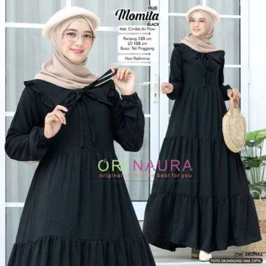 Momita Dress Gamis Crinkle Midi Dress Muslim Baju Wanita Jumbo Gamis Remaja Ootd Kekinian Gamis Terbaru XL Black