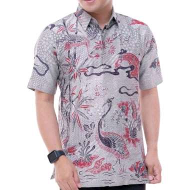 kemeja batik tulis kain satin pria lengan pendek dalam lapis furing motif burung kuntul abu-abh alka