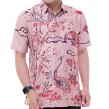 kemeja btik tulis kain satin pria lengan pendek dalam lapis furing motif burung kuntul coklat alka14
