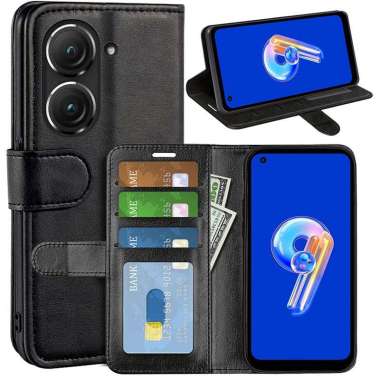 Wallet Flip Leather Case Asus Zenfone 9 - 10 - Casing Kulit Litchi Skin Leather Wallet Case Black
