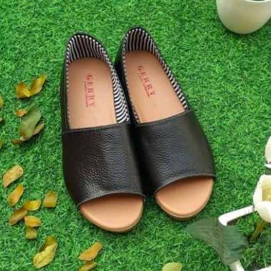 Sendal Sepatu Wanita Tamara Wedges 3 cm Kulit Sapi Asli 100% Original Made in Garut 39 Hitam