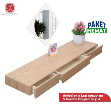 Rak Ambalan Laci Tempel Dinding 80x20cm Plus Cermin Dinding Aesthetic Krem