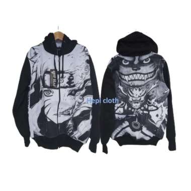 JAKET HOODIE ZIPPER ANIME NARUTO KYUBI 3D FULL PRINT ANAK S Putih