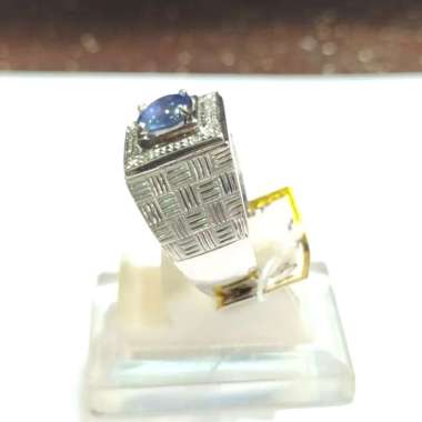 Cincin Blue Safir Ceylon Berlian Diamond 0.08 ct Emas Putih 750