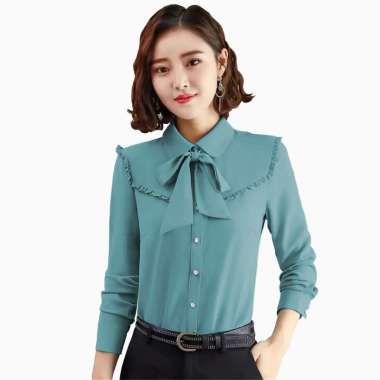 Kemeja lengan panjang Gaya Korea variasi list model terbaru - Jfashion Rahayu L Biru