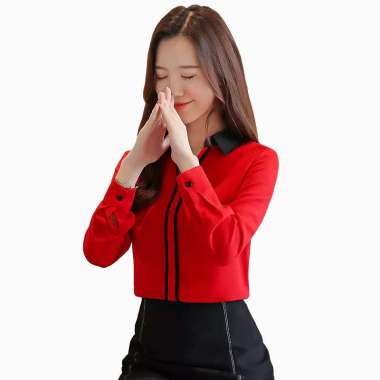 Blus lengan panjang wanita Gaya Korea variasi krah kemeja - Jfashion Renatta M Merah