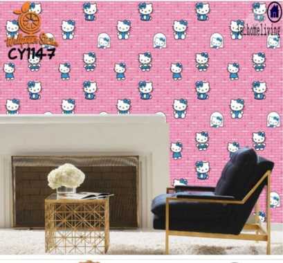 Wallpaper Dinding Dekor Kamar Anak Hello Kitty Biru Bata Pink 10 m x 45 cm