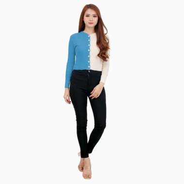 Cardigan Rajut Knitting cropped kombinasi lengan panjang wanita gaya korea - Jfashion Soya Biru