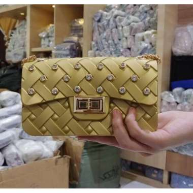TW 192 Tas Pesta Wanita Jelly Anyaman 001-6A Diamond Tas Import Korean 22cm Gold