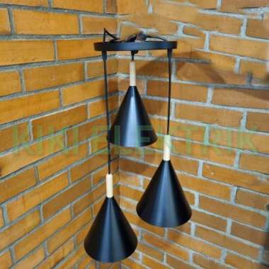 Kap Lampu Gantung Modern Minimalis Kerucut Kayu + Base Bulat 3 in 1 - CH 8806 - Kap lampu hias