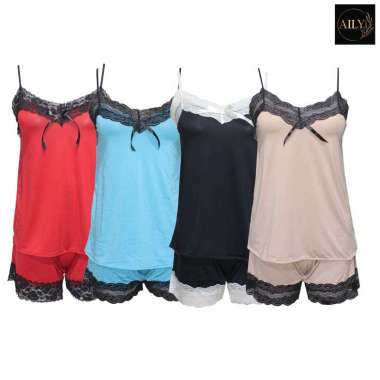 Aily FR26 Setelan Baju Tidur Wanita Tanktop & Boxer - Pilih Warna Biru