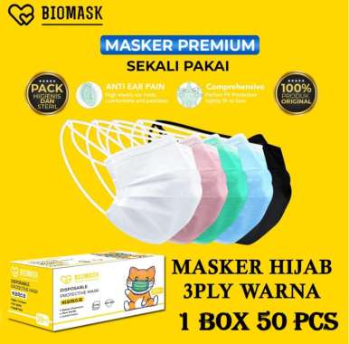 BIOMASK - Masker Hijab 3ply 1Pcs Premium Hitam Biru Putih Pink Hijau Warna Warni Headloop Disposable