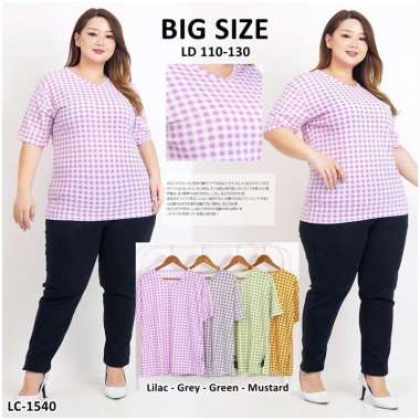 [4 WARNA] LIECIA Kaos Jumbo Wanita Atasan TShirt Motif Kotak Kotak Tagar LC 1540Big Size Mustard