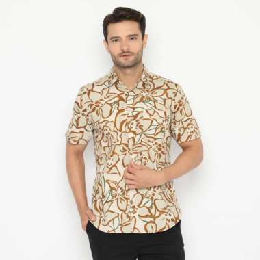 Platini Baju Kemeja Motif Hawai Pria Lengan Pendek Katun Cream Coklat 73268 S