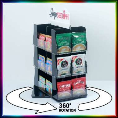 Rak Akrilik Kopi Display Siap Seduh Pedestal Rotate Putar Medium Hitam