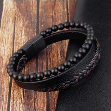 fd Gelang Pria Batu Alam Asli Gelang Kulit Hitam Stainless Steel Magnetic 21 cm Hitam