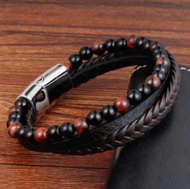 fd Gelang Pria Batu Alam Asli Gelang Kulit Hitam Stainless Steel Magnetic 21 cm Merah