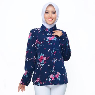 Jfashion Moe Bunga Kemeja Lengan Panjang Wanita M-L Navy