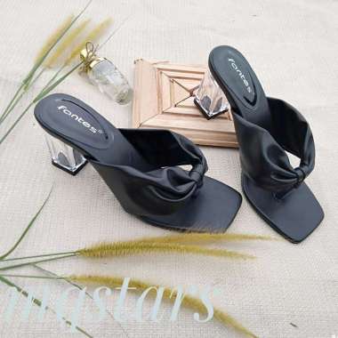 Sandal heels Wanita Jepit Hak kaca 7cm Terbaru 39 hitam