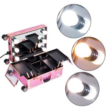 Sonia Miller Rolling Cabin Size Beauty Makeup Case Diamond Holographic Pink w/ 6 Tri-Color Led Bulbs