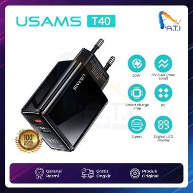 USAMS T40 Adapter Charger Fast Charge QC3.0 PD 20W Digital Display T40 - BLACK