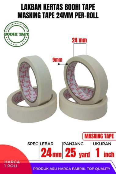 MASKING TAPE/LAKBAN KERTAS 24MM X 25YARD BODHI TAPE ROLL Termurah Berkualitas PUTIH