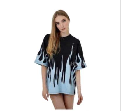 Kaos Wanita Murah Keren Baju Cewek Terbaru Oversize Fire Biru Muda