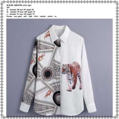AB564253 Baju Atasan Wanita Kemeja Silk Putih Macan Tiger Korea Import