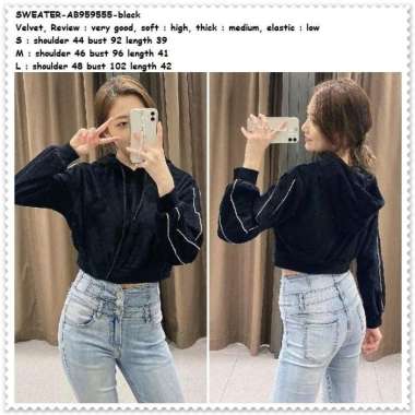 AB959555 Crop Sweater Hoodie Sporty List Wanita Korea Import Hitam