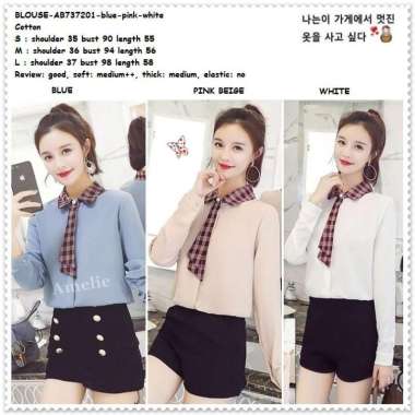 Baju Atasan Kemeja Dasi Wanita Blouse Korea Import AB737201 Putih Biru