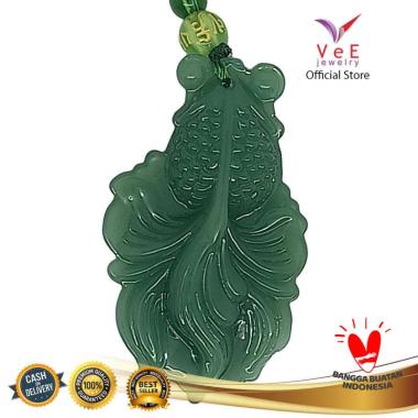 Kalung Liontin Batu Giok Asli Cina Ukiran Ikan Koi - VeE Pendant Wanita Pria Hijau Tua