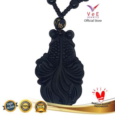 Kalung Liontin Batu Giok Asli Cina Ukiran Ikan Koi - VeE Pendant Wanita Pria Hitam