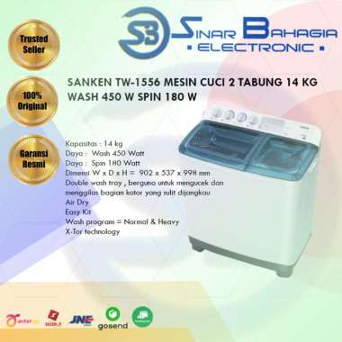SANKEN TW-1556 MESIN CUCI 2 TABUNG 14 KG WASH 450 W SPIN 180 W (NEW) (KHUSUS BANDUNG)