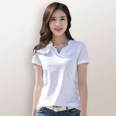 Kaos Lengan pendek wanita Gaya Korea variasi Leher V - Jfashion Alpha Putih