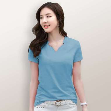 Kaos Lengan pendek wanita Gaya Korea variasi Leher V - Jfashion Alpha Biru muda