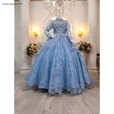 Baju pakaian gaun pengantin busana pernikahan wanita gown dress wedding dress warna muda muslim perempuan hijab syari warna biru langit sky