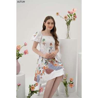 Evercloth Autum Dress Batik Wanita Sabrina VM Dress Wanita Batik Modern Gaun Pesta Aline JUMBO WHITE