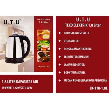 Teko Listrik UTU 1,8 Liter - Stainless